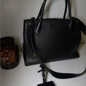 Prada Black Saffiano & Calfskin Leather Medium Monochrome Bag